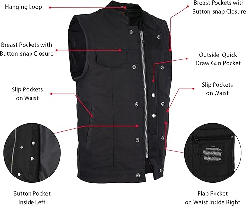 Miniatura 10 de GARGOYLE BELLS Chaleco de cuero para hombre con bolsillos para pistola SOA Biker Club Chaleco con forro y broche de presióncremallera para montar