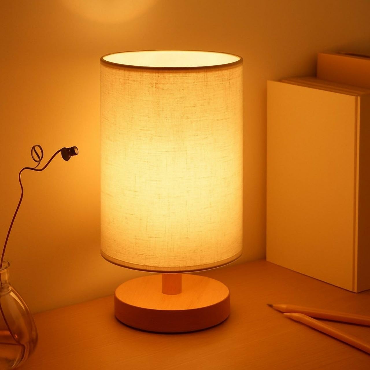 Bedside Table Lamp with Wooden Base and Linen Fabric Shade | Warm Ambient Glow, Round Wood Base, Cylinder Shade, Desk or Nightstand Use, Plug-In Power-image-49