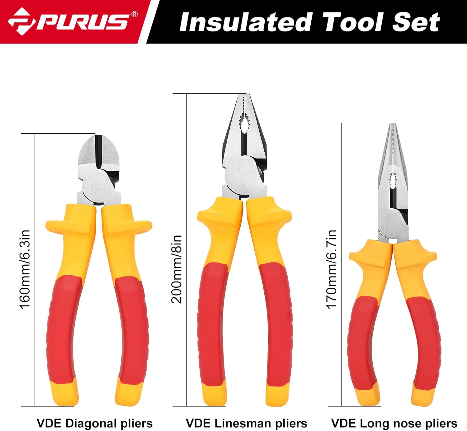 PURUS 10-Piece VDE Insulated Tool Set, Insulated Screwdriver Set with Magnetic S2 Steel Tips, Electricians' Pliers 8” Linesman, 6" Diagonal and Long-Nose – Professional Electricians Tool Kit