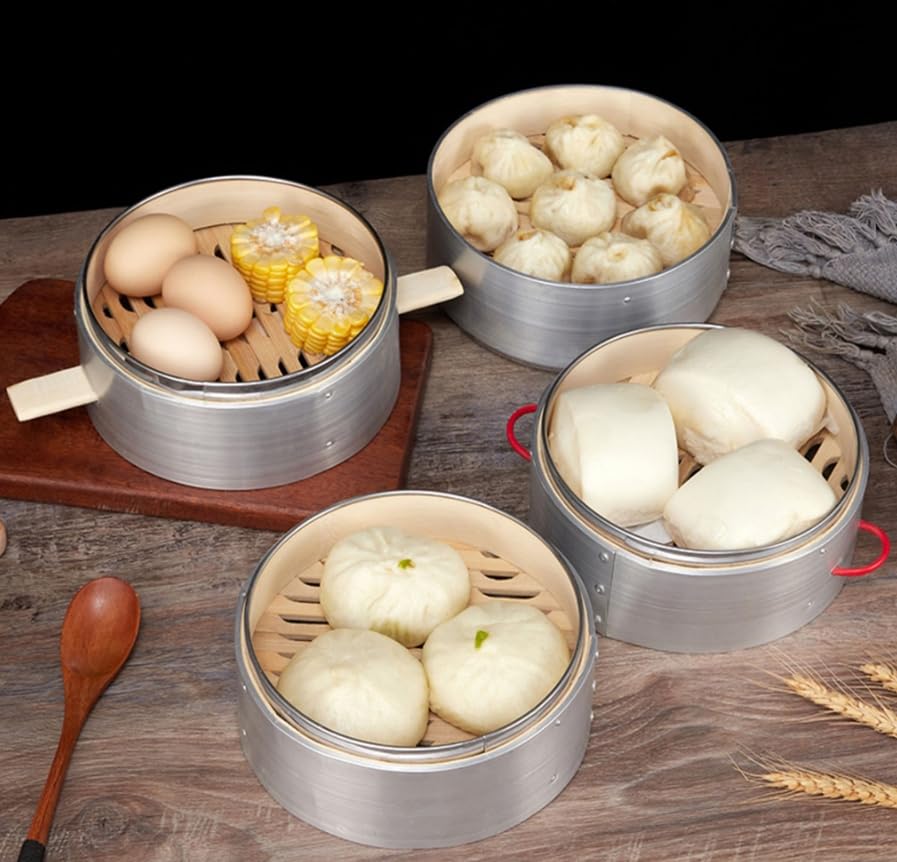 Luminexia Vaporiera Bamboo 3 Livelli con Coperchio,Cestello per la Cottura a Vapore in bambù,Pentola per Cottura a Vapore in Acciaio Inossidabile,per la Cottura di Dim Sum e Cottura a Vapore,3 Stili