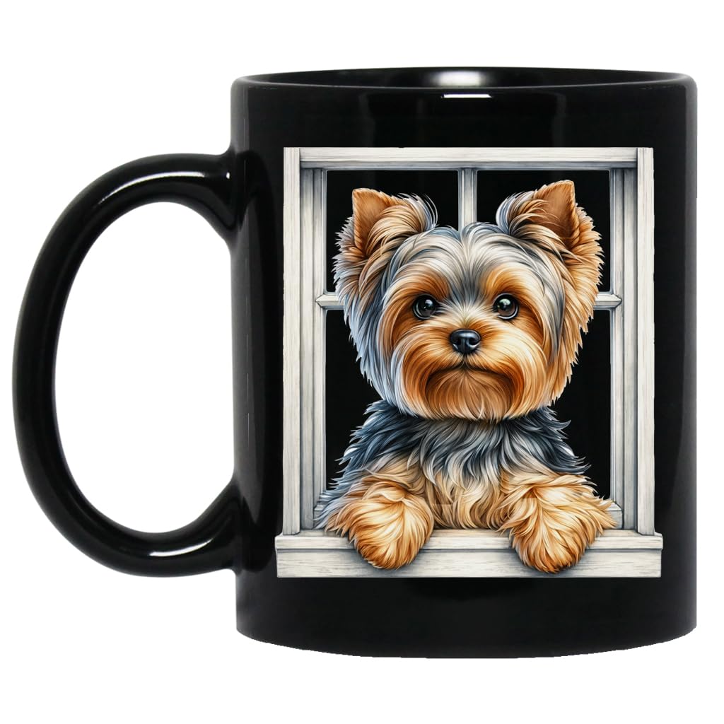 Cute Love Dog Ceramic Coffee Mug Black 11oz Adorable Yorkshire Puppy Window Illustration Cup Pet Lover Drinkware Gift