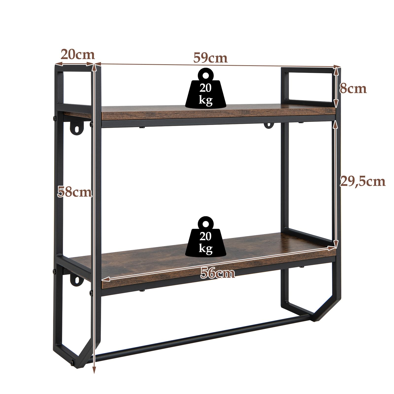 LIFEZEAL Scaffale da parete per riporre il bagno, in legno e metallo, con 2 livelli, carico di 20 kg, porta asciugamani WC, organizer per soggiorno, cucina, marrone rustico