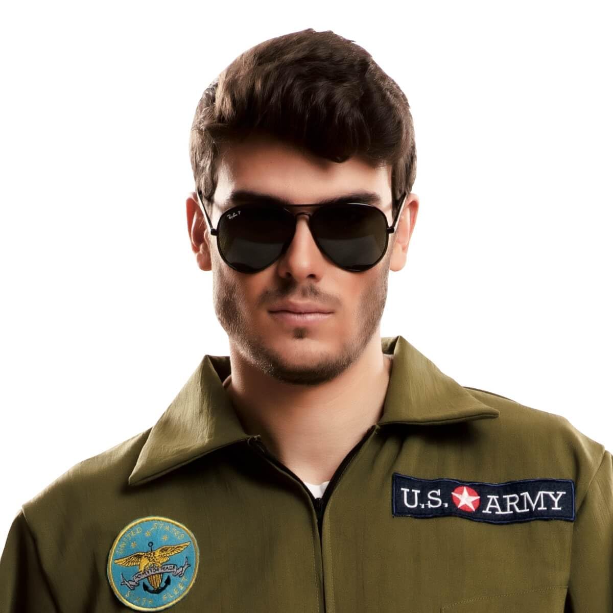My Other Me - Disfraz Piloto hombre adulto en verde | Incluye mono verde oliva, bolsillos con cremallera, emblemas U.S. AIR FORCE y ARMY y cremalleras en tobillos