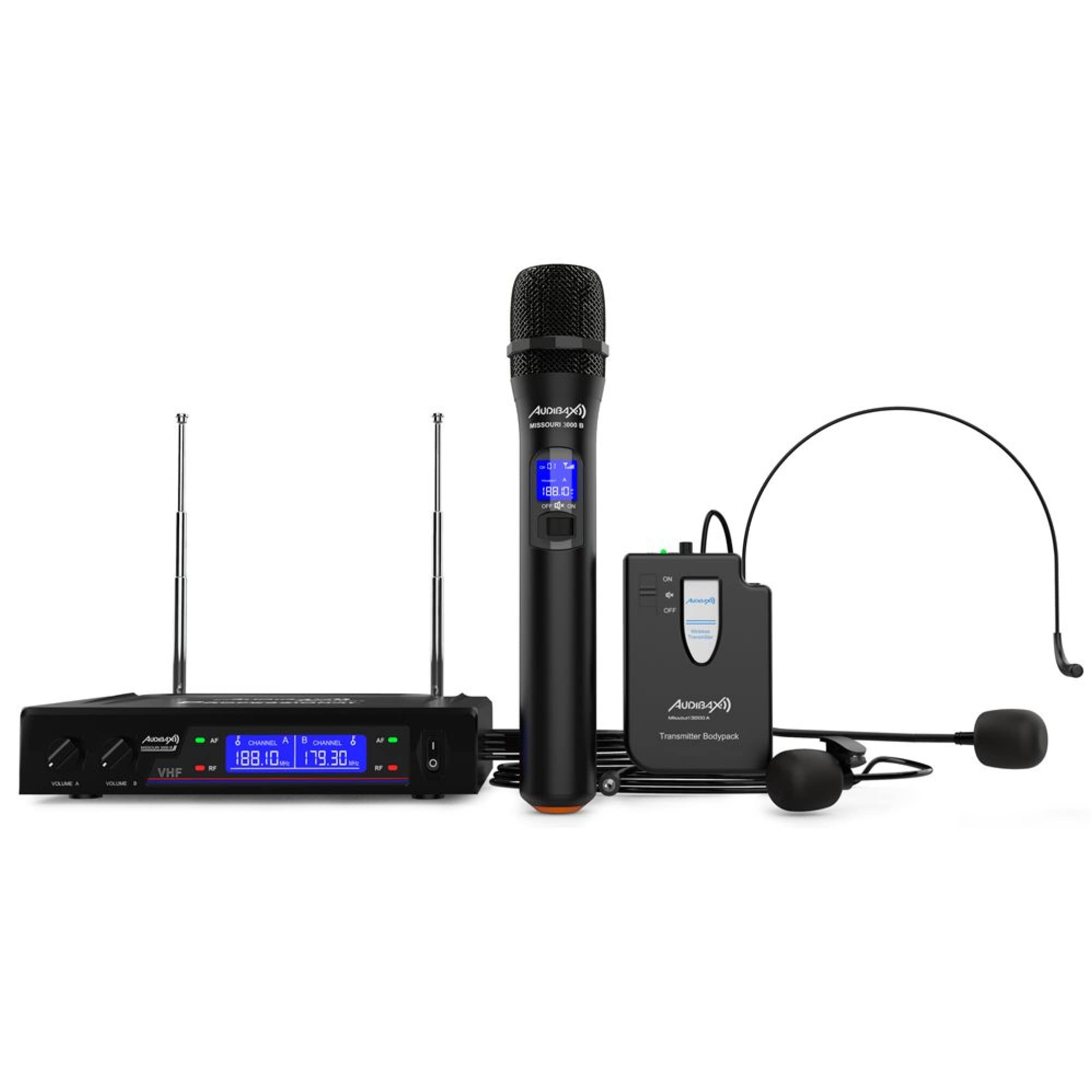 Audibax - Missouri 3000 - podwójny profesjonalny mikrofon radiowy - zestaw z 1 mikrofonem ręcznym i 1 pakietem paska na głowę/szyję - zasięg 80 metrów - włącznik/wyłącznik - baterie AA