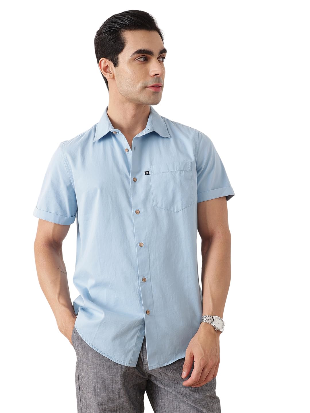 thomas scott Men's Premium Slim Fit Casual Shirt | 100% Cotton Twill | Short Sleeves | Spread Collar | Solid Smart Casual Shirt for Men (TS1037_Blue_M)-picture-33