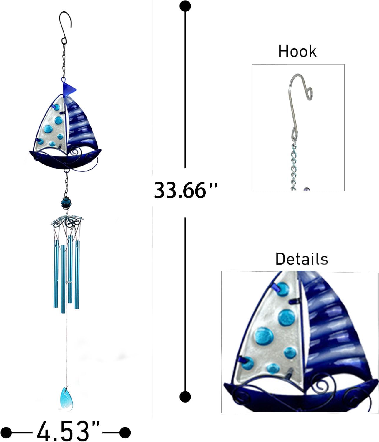 Campanello a vento blu da appendere per patio, decorazione da giardino in vetro, veranda, balcone, decorazione creativa da appendere (45 cm x 11,5 cm x 3,5 cm) a vela