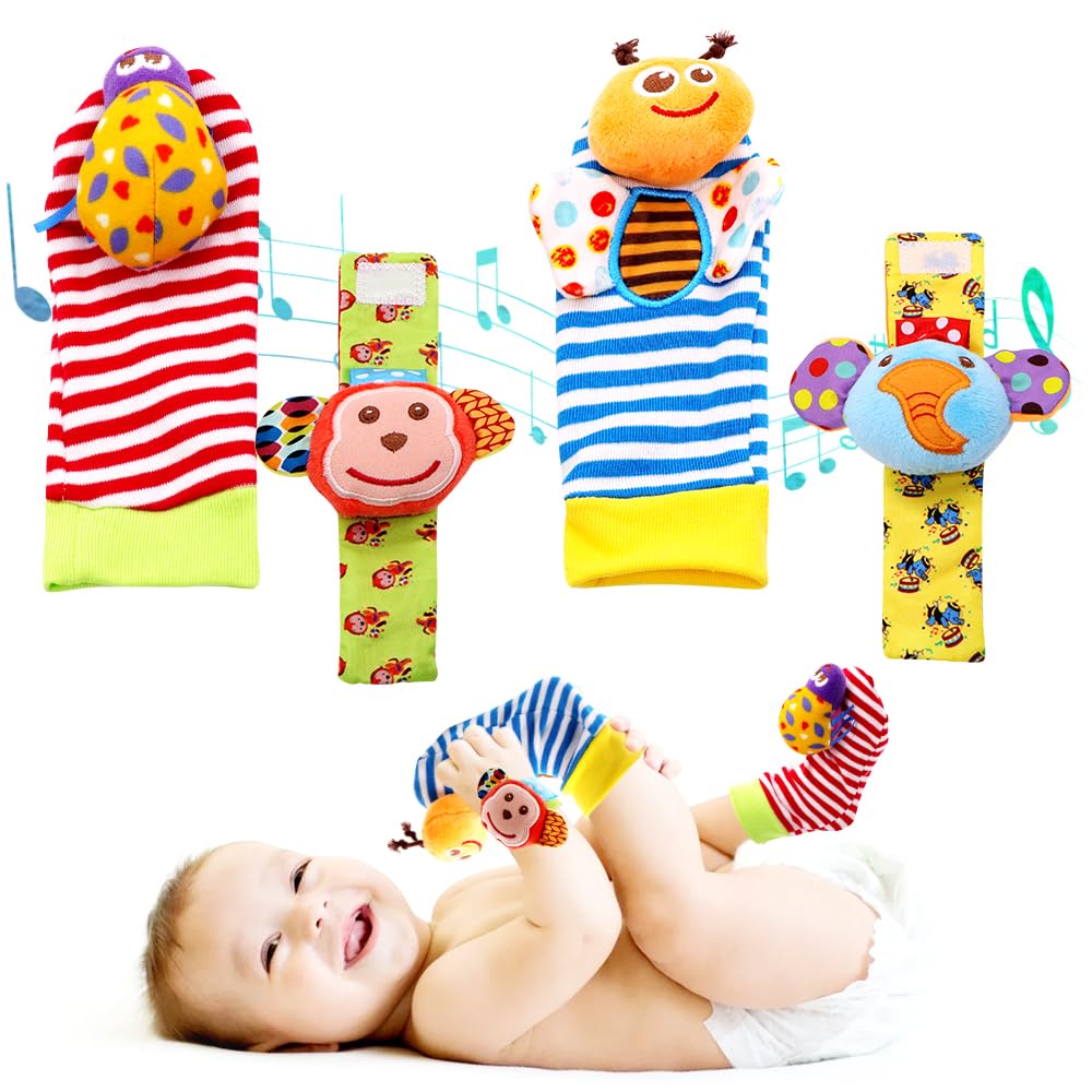Baby Wrist Rattles & Footfinder Set, Baby Rattle Socks Wrist Rattles Foot Finder Socks Set Soft Animal Rattles Toys Boys Girls Sensory Toy Educational Toy for Newborn Babies Toddler