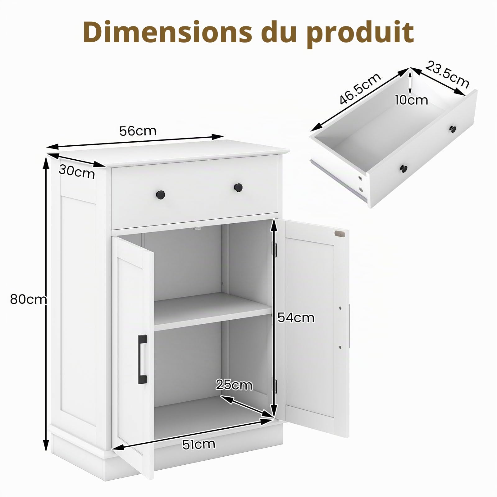 LIFEZEAL Armoire de Salle de Bain autoportante avec 2 tiroirs et Portes, Armoire de Salle de Bain avec étagère réglable, Meuble de Sol pour Salle de Bain, Salon, Cuisine (Blanc)