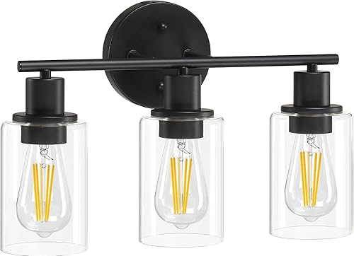 Miniatura 9 de Pia Ricco Lámparas de tocador de baño, 3 luces negras con pantallas de vidrio transparente, moderna lámpara de pared sobre espejo, apliques de pared