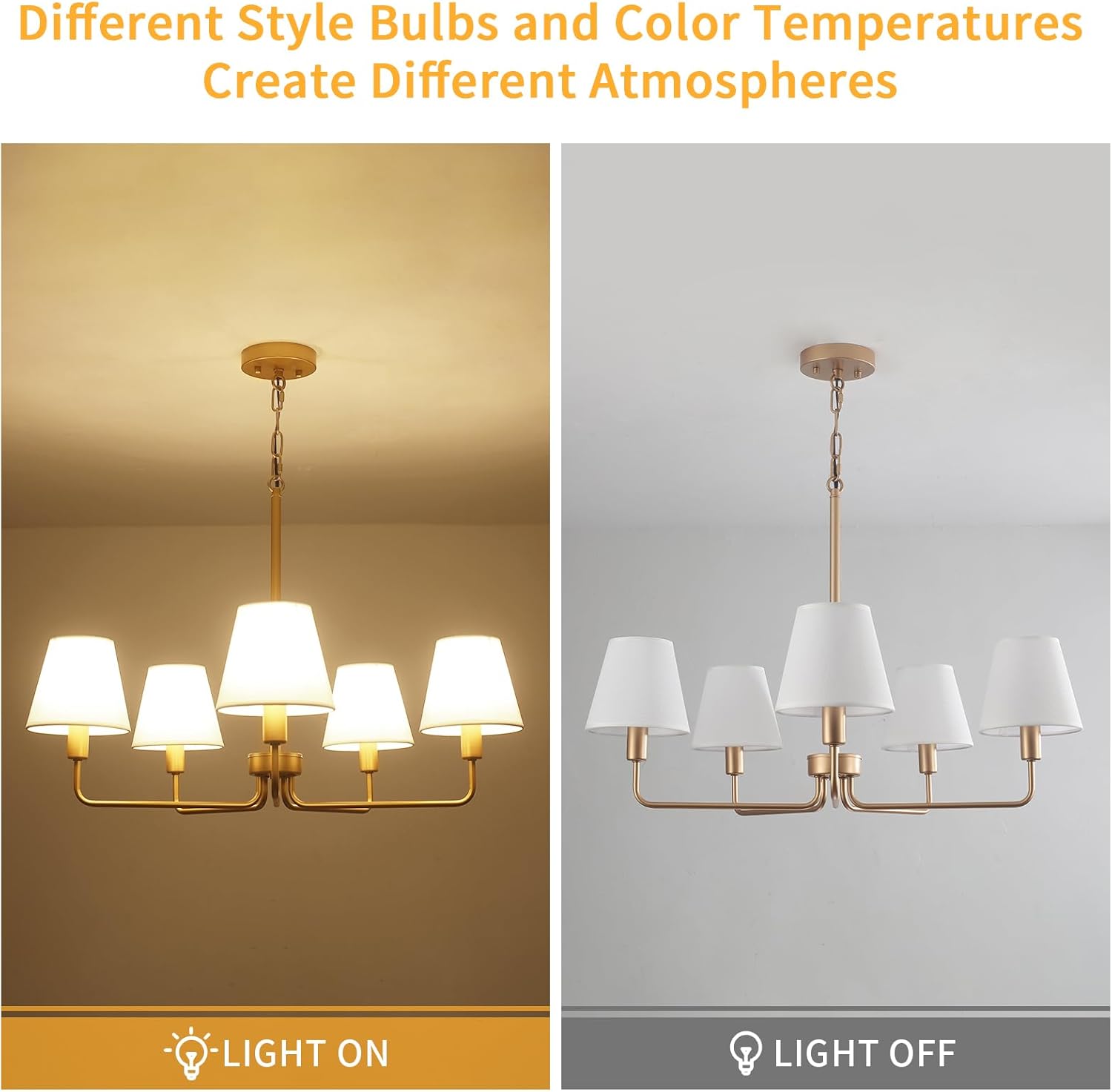 Farmhouse Chandelier, Gold Modern Dining Room Light Fixture with White Fabric Shade, 5-Light Height Adjustable Industrial Pendant Island Light Fixture for Foyer Entryway Hallway Kitchen Bedroom