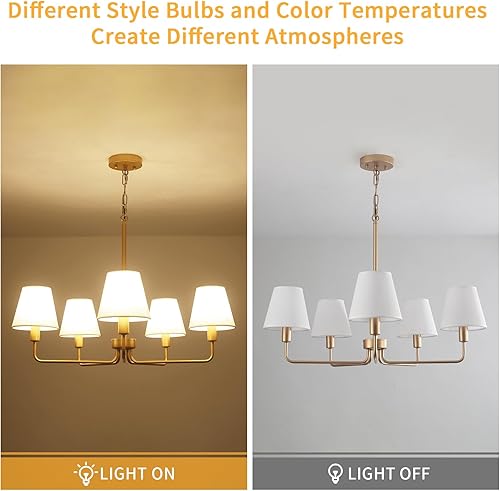 Miniatura 4 de Lámpara de araña de granja, moderna lámpara dorada para comedor con pantalla de tela blanca, 5 luces de altura ajustable, lámpara colgante