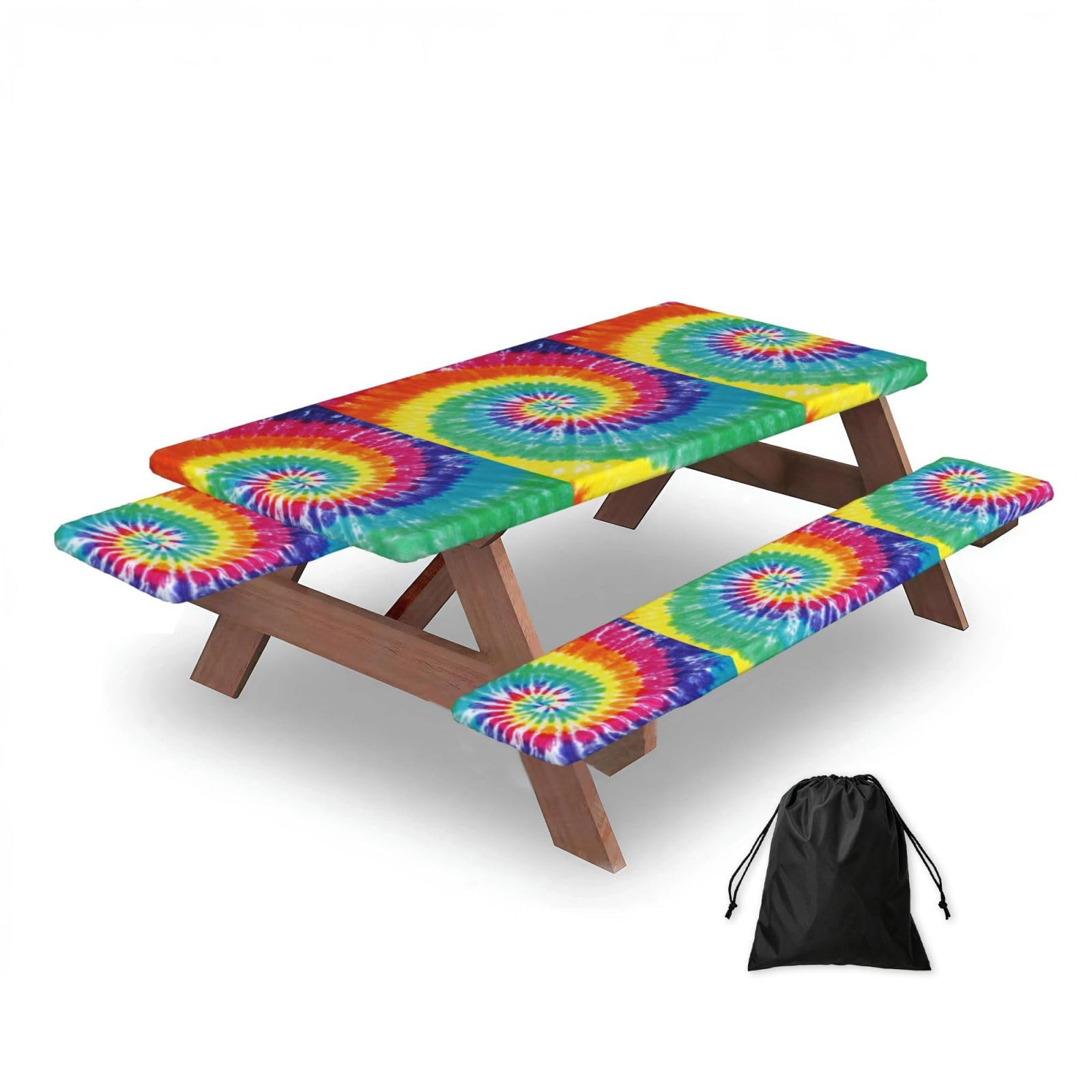 Dopklna As Picture Rainbow Tie Dye Print, Picnic Table Cover With Bench Covers -Waterproof Elastic Fitted Tablecloth For Garden Camping Patio 76X152cm