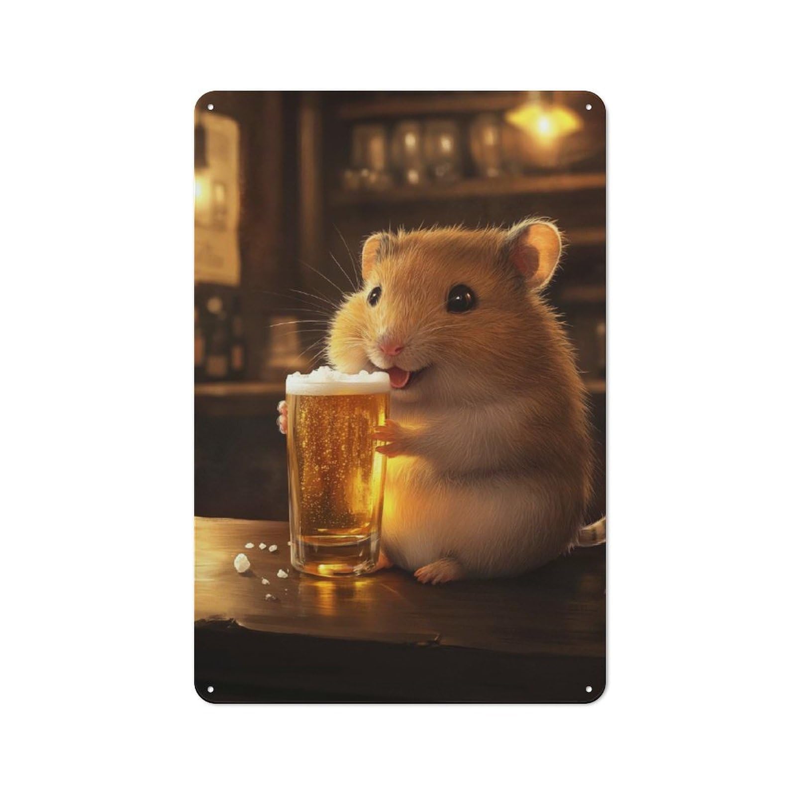 Junmoney Hamster With Beer In A Bar Metal Wall Sign 30X20cm Featuring For Home Bar Wall, For Themed Interiors In Home Bars And Entertaining Spaces
