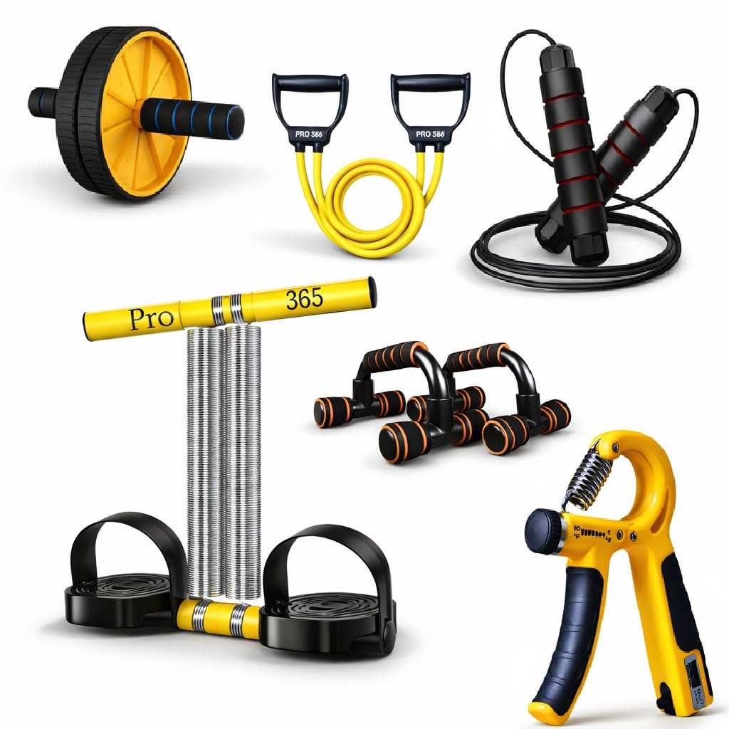 PRO365 Home Fitness Equipment Kit, 6-Piece Workout Set with Ab Roller Wheel, Resistance Bands, Jump Rope, Push Up Bars, Hand Gripper, Chest Expander Pushup Bars, Multicolour