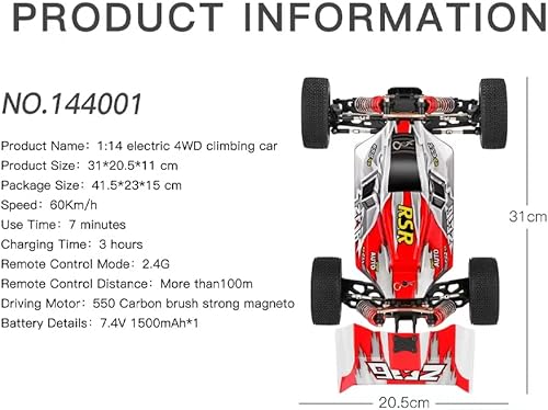 Miniatura 3 de Auto Care Wltoys RC Car 144001, batería mejorada de 3000 mAh * 2.2mih de alta velocidad 114 2.4 GHz RC Buggy 4WD Racing Off-Road Drift Car RTR