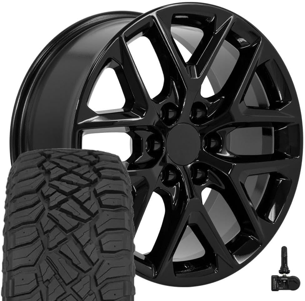 OE Wheels CV62 20 Inch Rims and Tires Fit Silverado 1500 Style 6x139.7 20x9 Gloss Black - Hollander 14078 - TerraMax RT 275/55-20 (Set of 4)