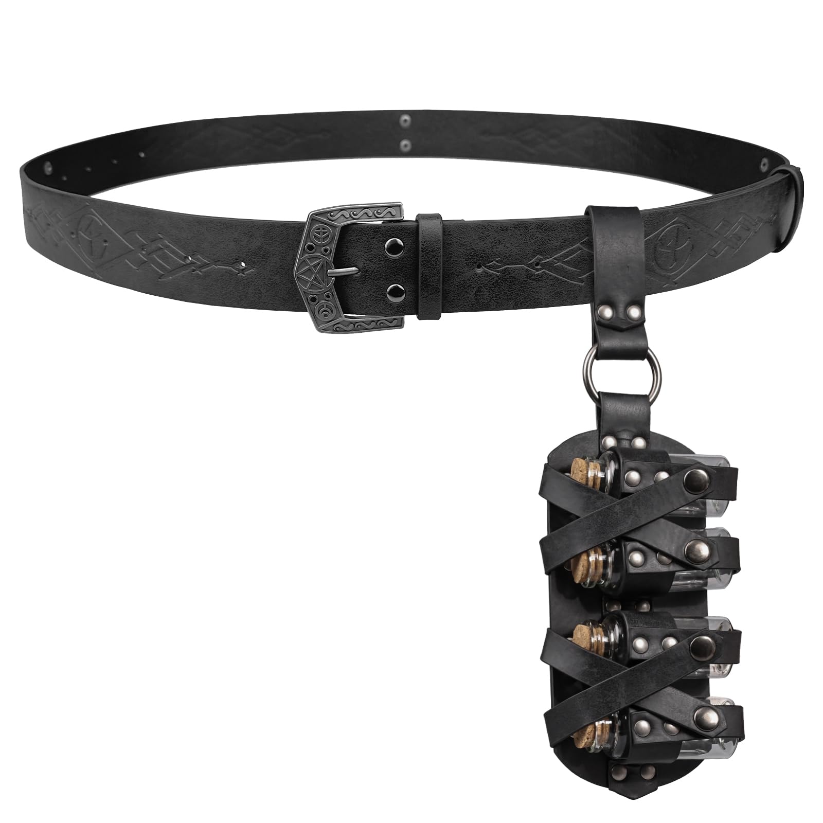 HiiFeuer Medieval Embossed Alchemy Faux Leather Buckle Belt with 4 Cork Vials, Fantasy Wizard Potion Bottles Belt