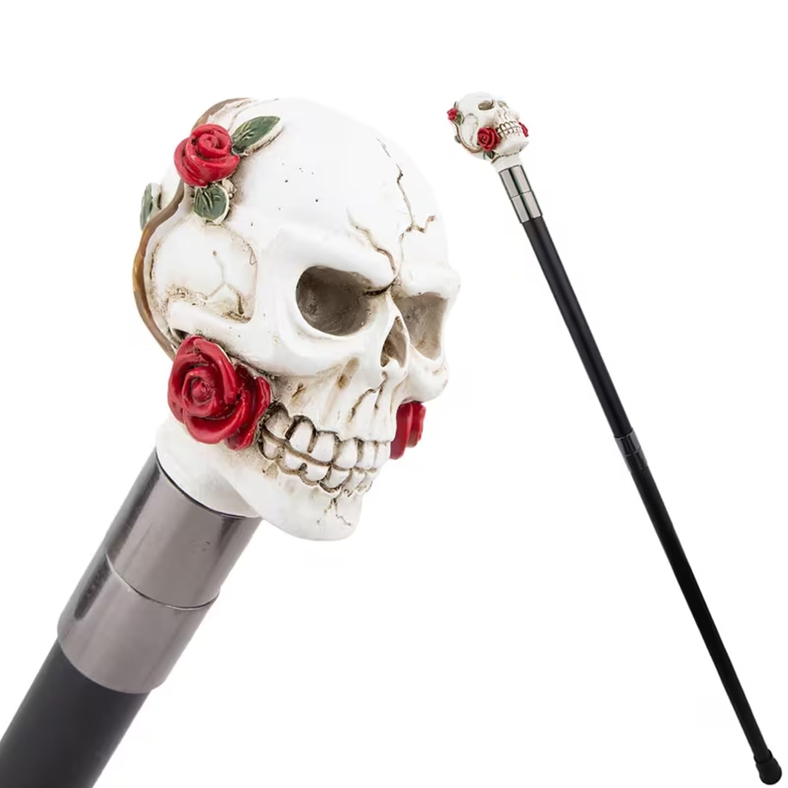 Bastón de Resina Blanca con Rosa Roja y Calavera, Bastón de Lujo para Hombre y Mujer, Cetro Antideslizante Extraíble, Cospaly Vintage Party 93 Cm