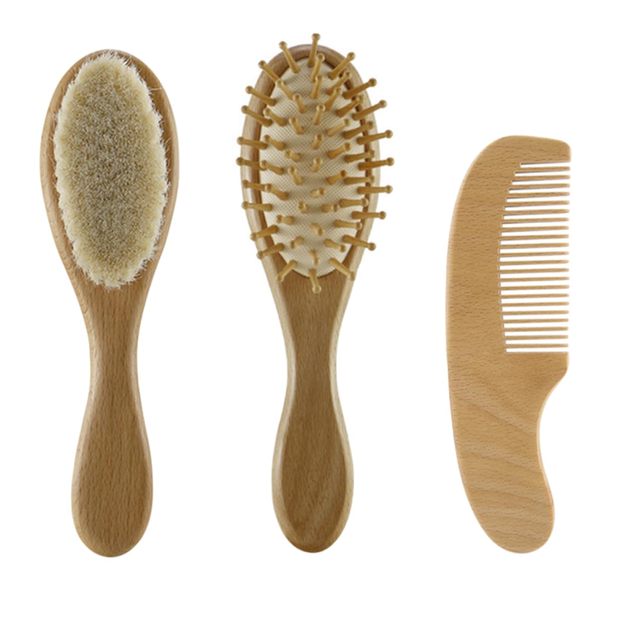 BESTonZON Complete Baby Shower Bath Kit 3pcs Wool Brush Set Hair Brush for Baby Home Baby Shower Brush Newborn Soft Brush Bamboo Handle Gentle on Baby's Scalp