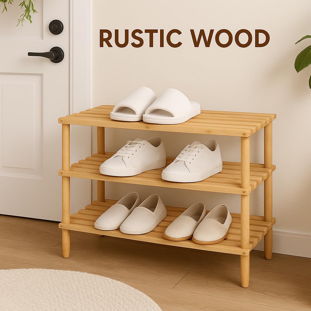 generico Scarpiera in Legno a 3 Ripiani, Panca Scarpiera – Scaffale Porta Scarpe Salvaspazio per Ingresso, Corridoio o Camera – Organizer da 26x63x48 cm, Design Legno Naturale Rustico Robusto