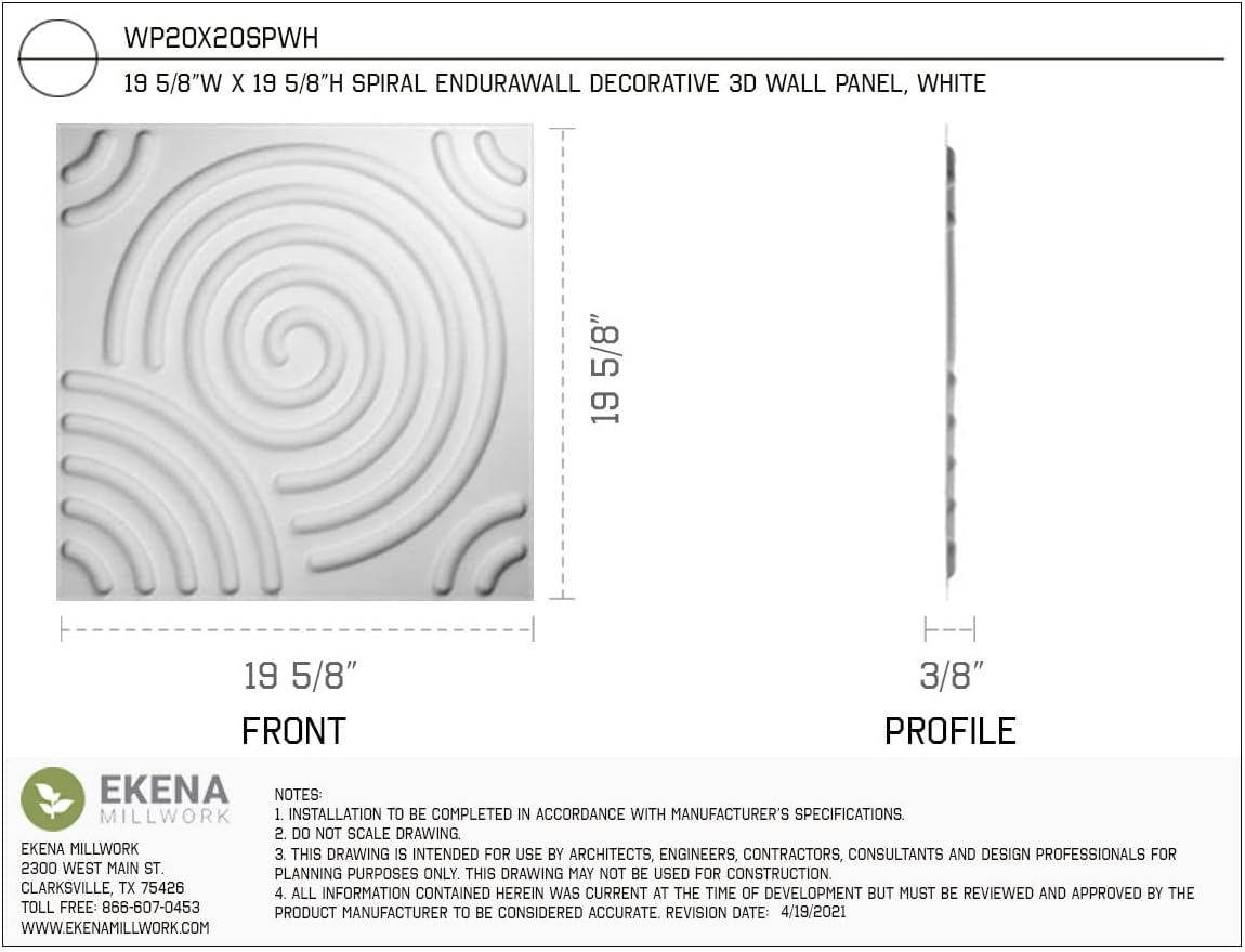 Ekena Millwork WP20X20SPWH 19 5/8"W x 19 5/8"H Spiral EnduraWall Decorative 3D Wall Panel Covers 2.67 Sq. Ft.