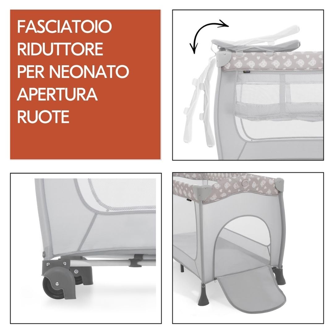 hauck Lettino Da Viaggio Sleep N Play Center Set con Materasso Comfort e Zanzariera | Lettino Campeggio Neonato con Fascia Rialzata, Fasciatoio e Borsa Trasporto - Teddy Grey