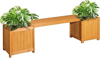 VINGLI Outdoor Wood Bench with Planter Boxes, 2-in-1 All-Weather Porch B...
