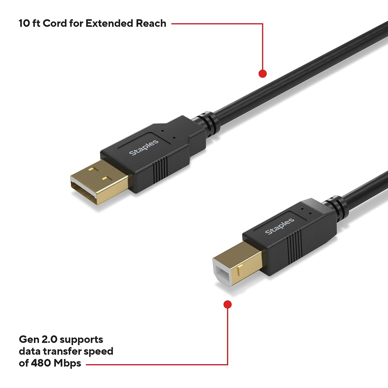 Staples TECH Kabel USB-A na USB-B 2.0, męski na męski, czarny (ST62443)