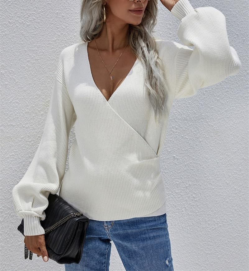 Crossover-Pullover Mit Tiefem V-Ausschnitt Für Damen, Slim-Fit-Pullover Mit Langen Ärmeln, Weiche Feinstrickpullover Für Damen, Leichte Winter-Pullover-Strickwaren