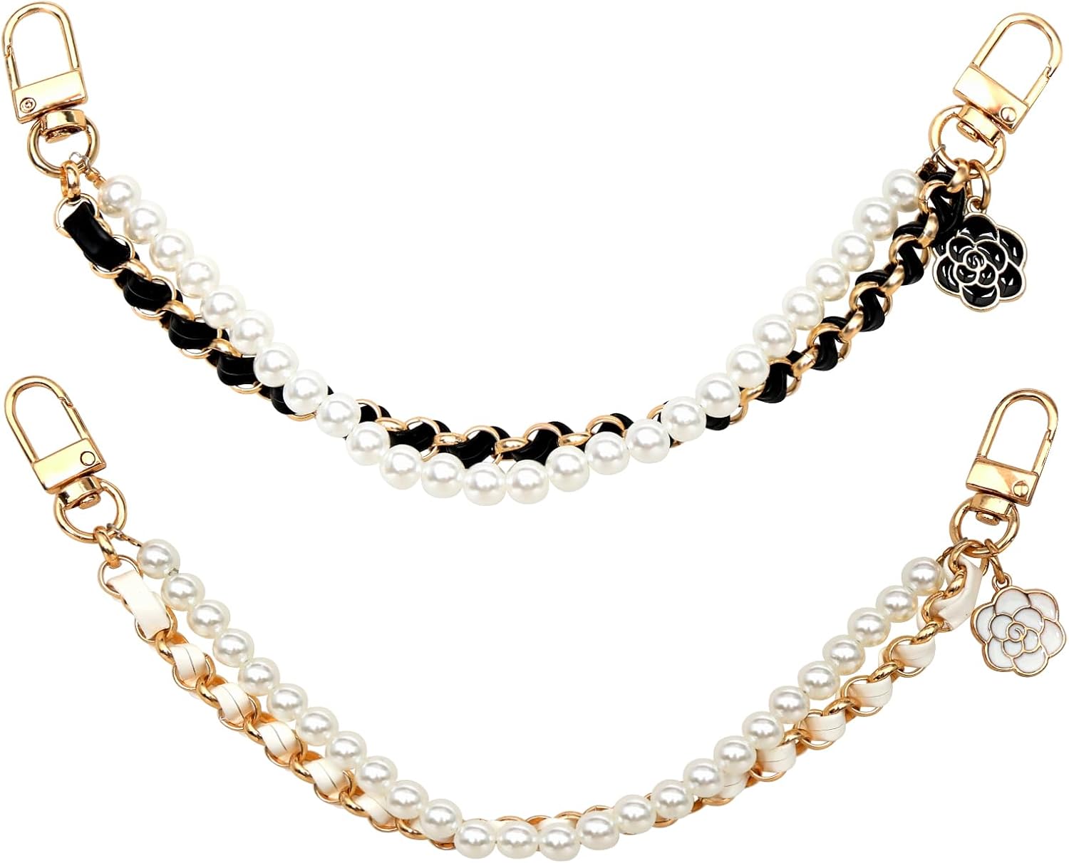 Nfvjfxz 2 Pack Pearl Purse Extender Chains 10.2 Inch Decorative Bag Chains with Flower Pendant for Handbags Wallet Phone Keychain Black and White