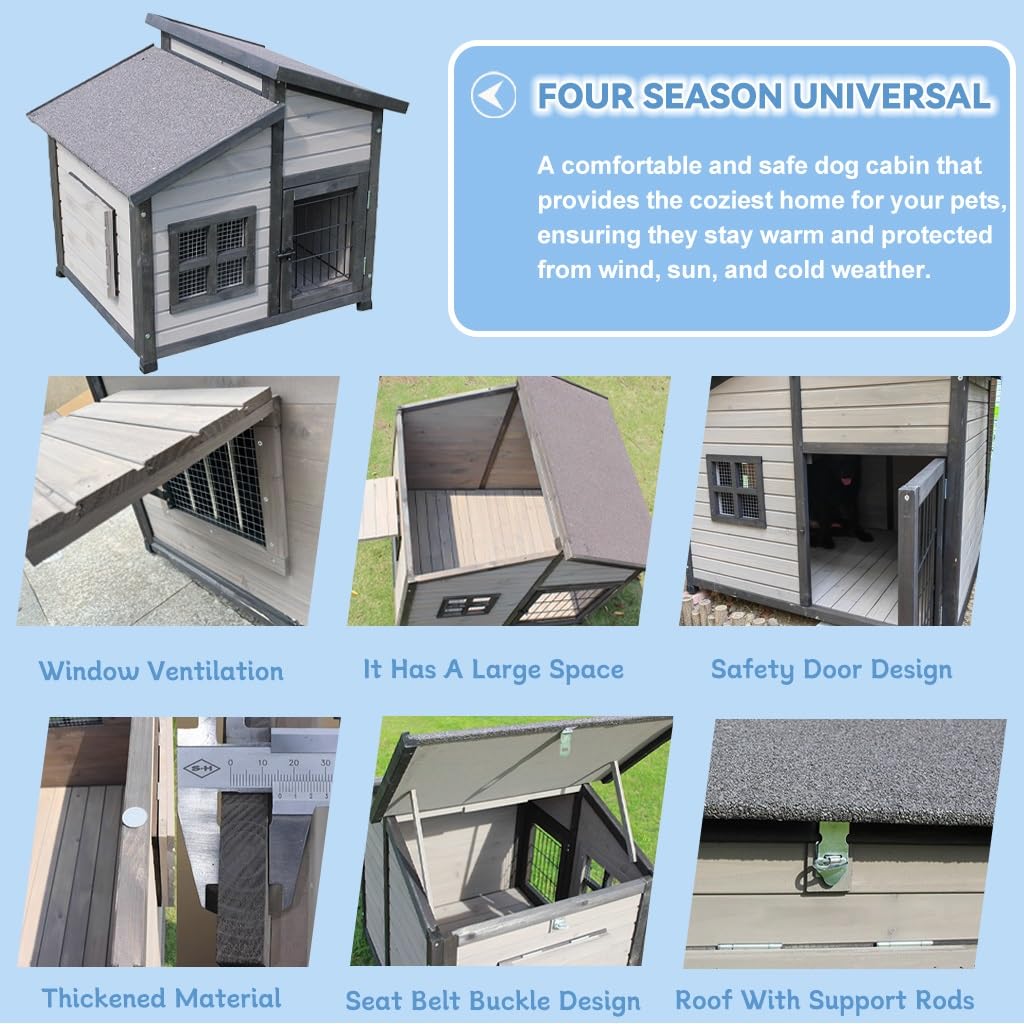 Casa per cani in legno per cani di medie dimensioni, canile per cabina di legno all'aperto con pavimento elevato, design impermeabile del portico, gambe regolabili, facile montaggio Pet Home
