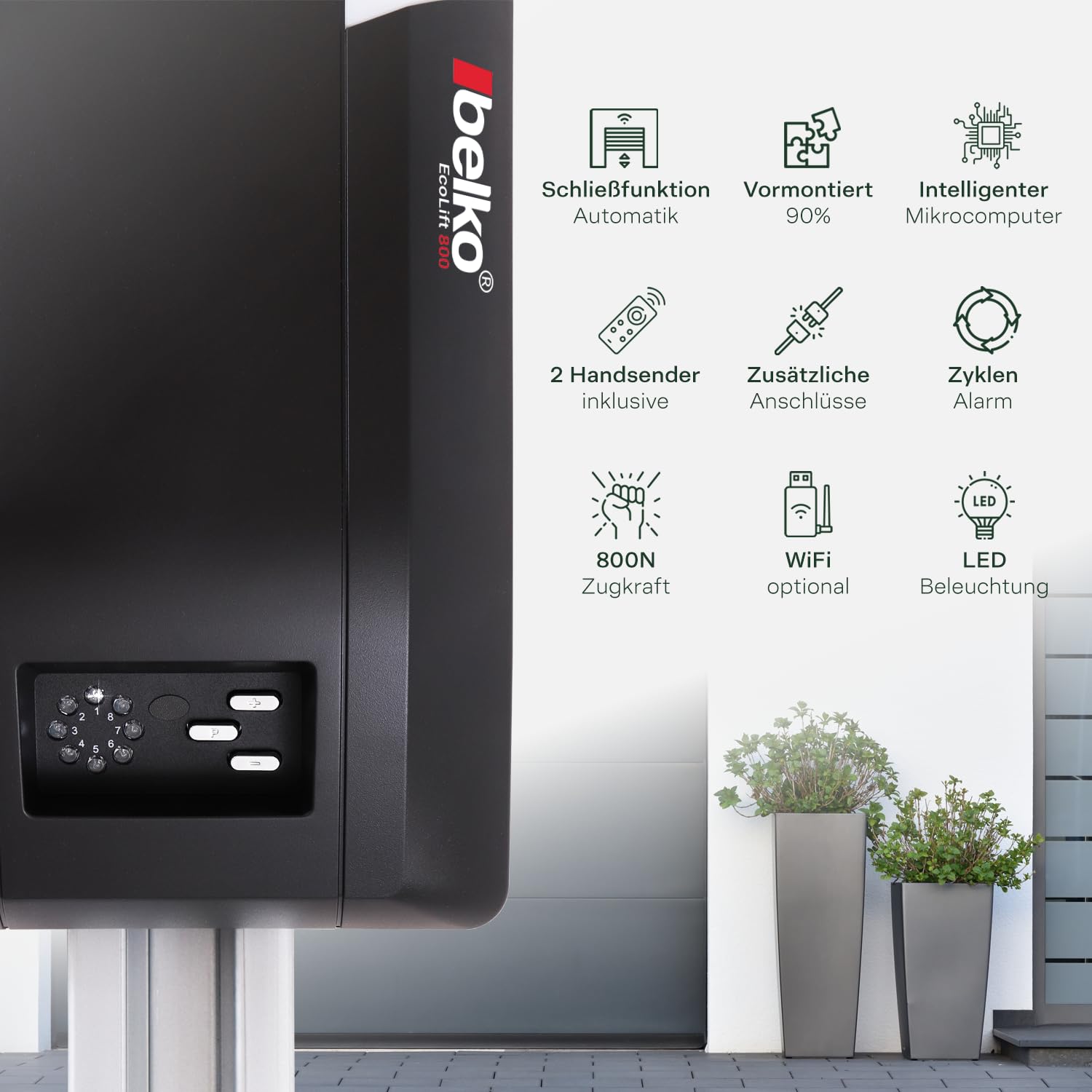 Belko® Garagentorantrieb EcoLift 800 für Schwing- & Roll-Tore bis 12m², inkl. 2 Fernbedienungen 433 Mhz, Kraft 800 N, Notentriegelung, Softstart-/Softstopp-Automatik, LED, Zyklenalarm uvm.