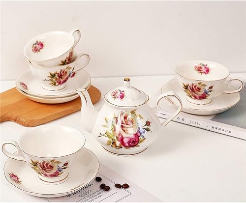 Miniatura 2 de Juego de té de cerámica europeo de 9 piezas, juego de café de servicio de té de porcelana de hueso con soporte de metal, para boda y regalo, pintura