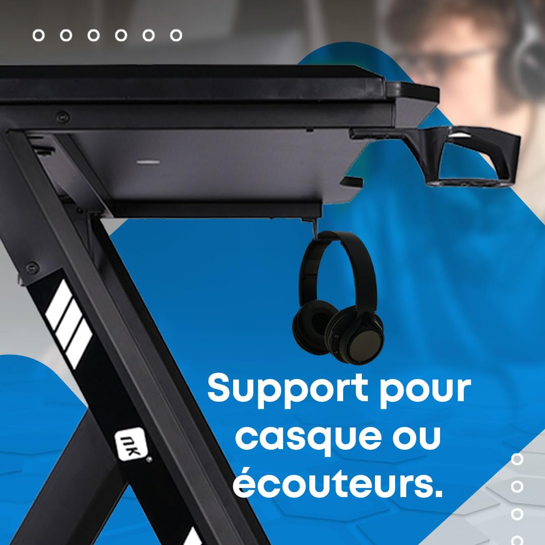 NK Bureau Gaming LED Ergonomique (120X60cm) - Porte-gobelets et Bouteilles, Support pour Casque, Gestion des Câbles, Bureau de Jeu, Plateau 1.5cm (Résistance) Poids Maximum Supporté 100kg - Blanc