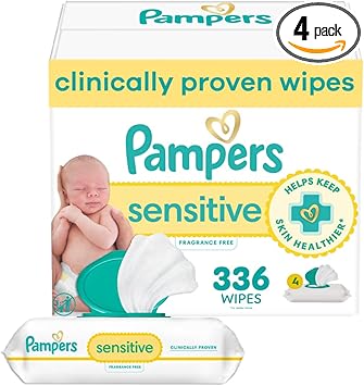 Pampers Baby Wipes, Sensitive, Water Based Wipe, Clinically Proven, Hypoallergenic, and Unscented for Babies, 336 Wipes Total (4 Flip-Top Packs)