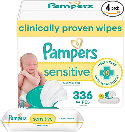 Pampers Baby Wipes, Sensitive, Water Based Wipe, Clinically Proven, Hypoallergenic, and Unscented for Babies, 336 Wipes Total (4 Flip-Top Packs)
