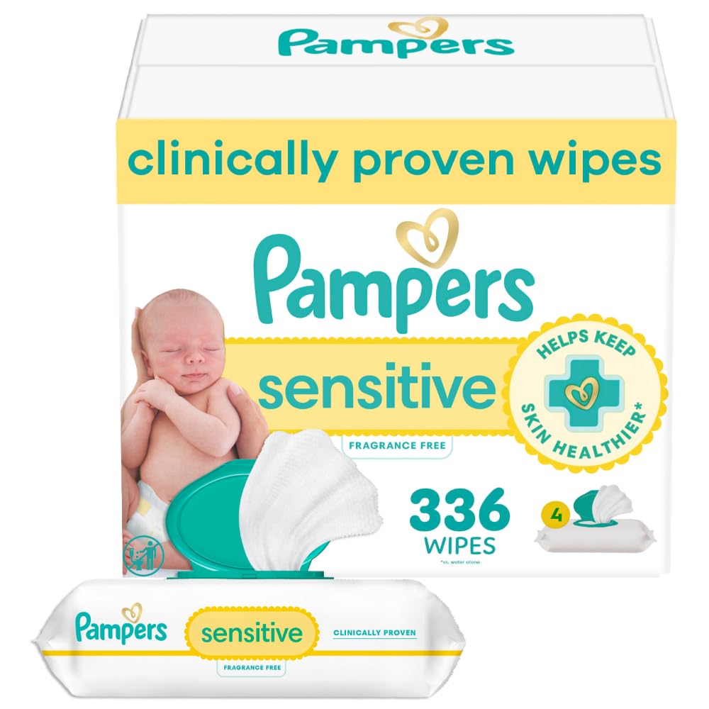 Pampers Baby Wipes, Sensitive, Water Based Wipe, Clinically Proven, Hypoallergenic, and Unscented for Babies, 336 Wipes Total (4 Flip-Top Packs)