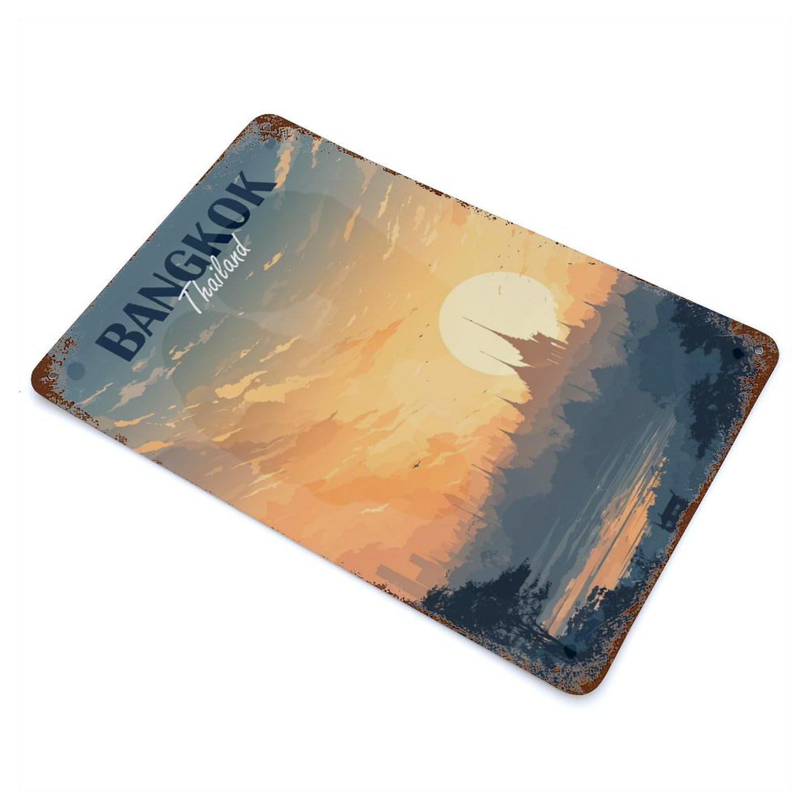 Rust Effect Bangkok Thailand Sunset Cityscape Illustration Vintage Rust Metal Sign 11.8"x7.9", Farmhouse Wall Decor for Basement, Hobby Room And Garage Decor