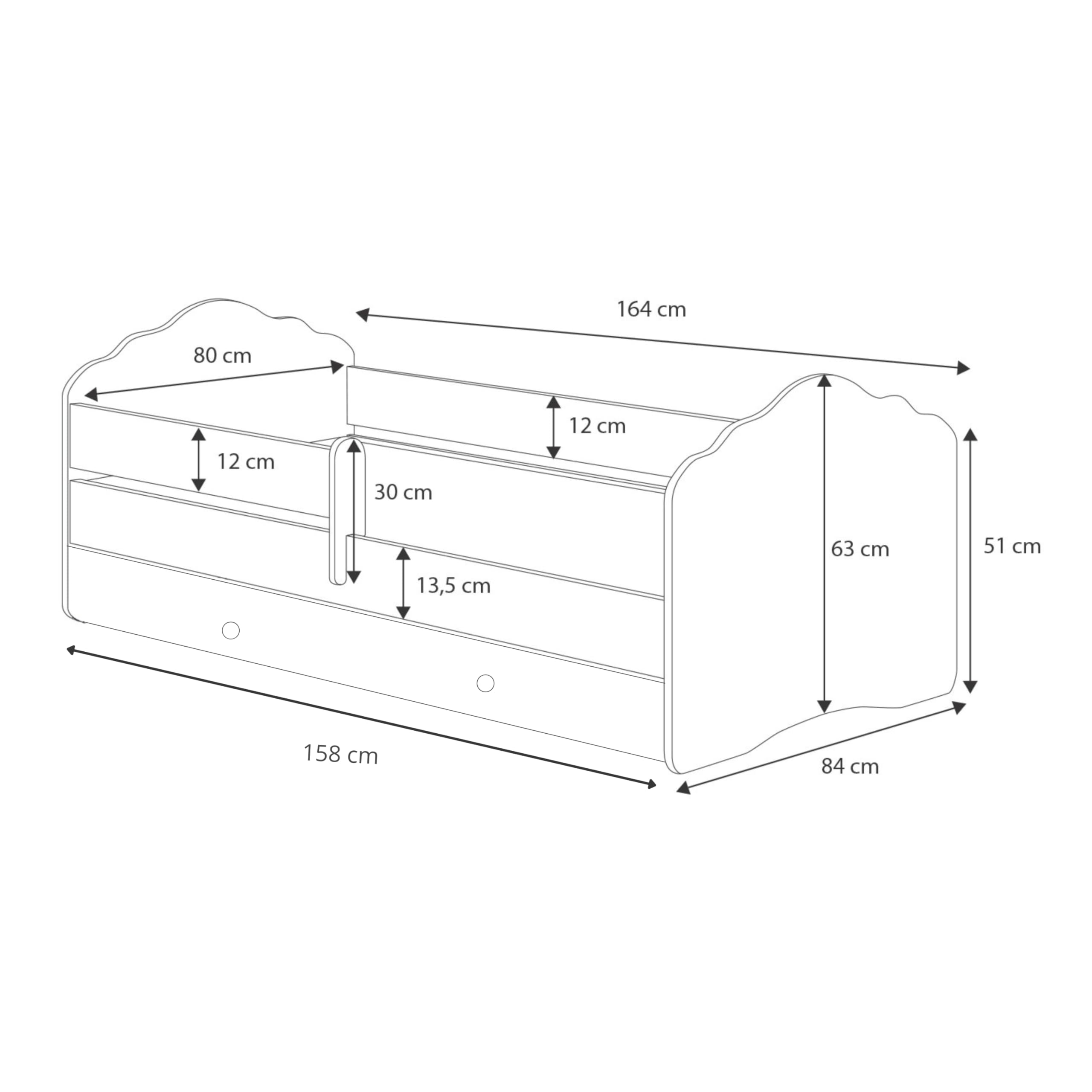 KOBI Letto per Bambini con Sponde FALA | Bianco Lettino Bambina con Cassetto | 160 x 80 CM | Lettino Bambino con Materasso | Lettini per una Ragazza un Ragazzo | Letto Bimbo Singolo