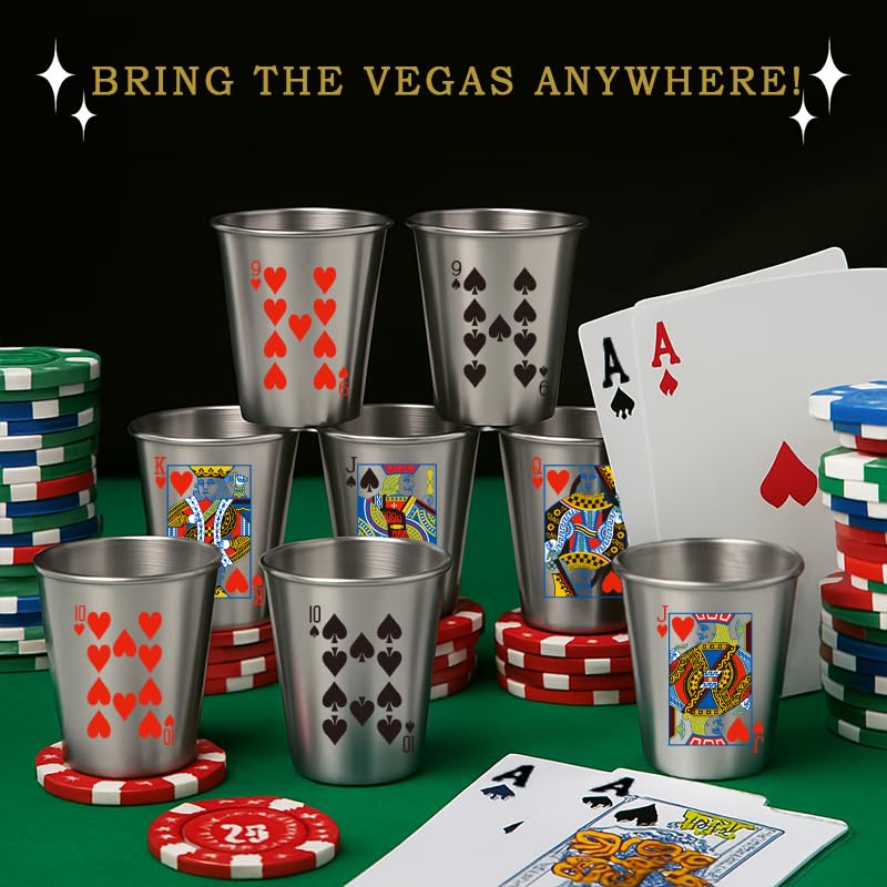 10-Pack Stainless Steel Poker Shot Glasses 2oz - Poker & Casino Theme Party Shots with Spades & Hearts- Durable Barware for Casino Nights, Gifts for Poker Players