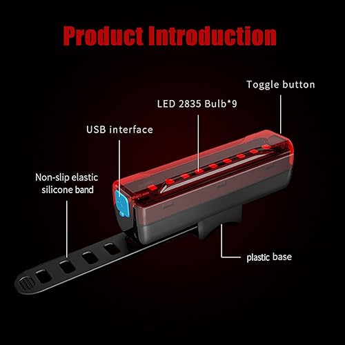 Vista 4 de Luz trasera de bicicleta, recargable por USB, luz trasera de 40 horas de larga duración, luz trasera LED brillante, 5 modos, IPX5 impermeable, luces