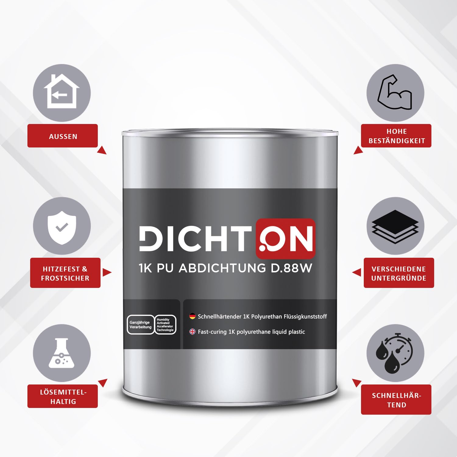 1K PU Abdichtung grau 2x1kg - Polyurethan Flüssigkunststoff Abdichtungsmasse für Dach, Balkon, Terrasse - neueste Generation, schnellhärtend, blasenfrei, ganzjährige Verarbeitung - DICHTON D.88W