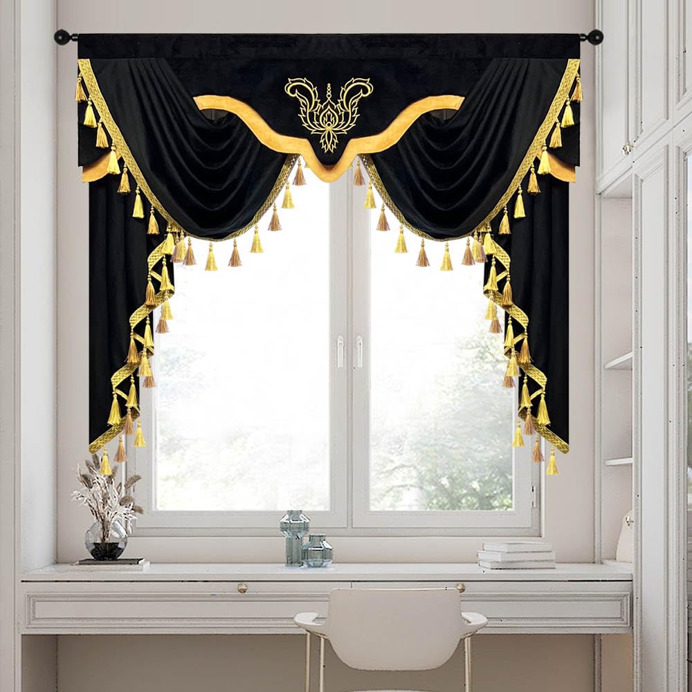 AiDamai Luxury Swag Waterfall Velvet Curtains Valance for Living Room Rod Pocket Waterfall Valance with Tassels Vintage Velvet Window Topper for