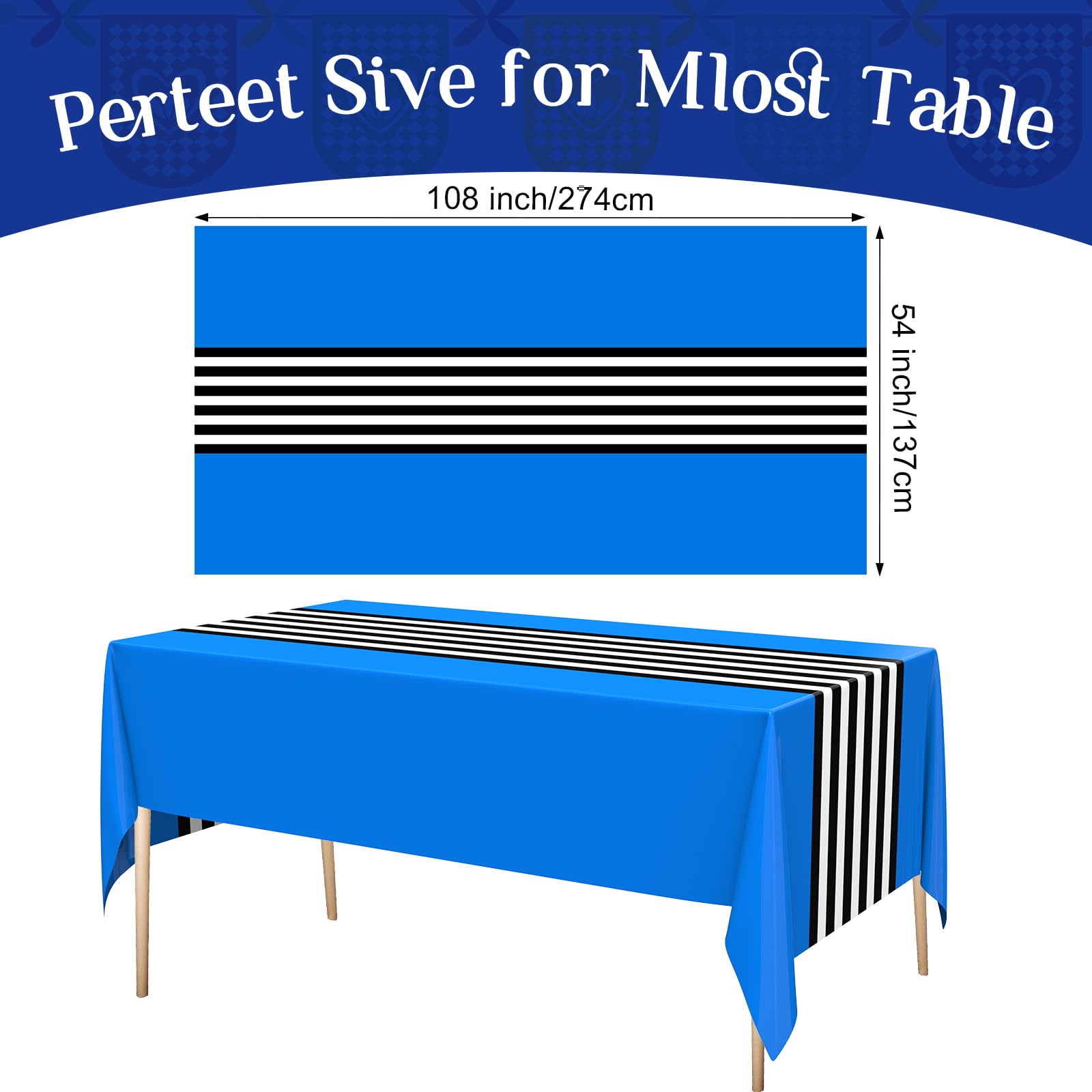 Oudain 6 Pcs Striped Tablecloth 108 x 54 Inch Disposable Plastic Table Cloth Waterproof Tablecloth Rectangle Table Cover for Birthday Wedding Bridal Party Supplies (Black White Dark Blue)