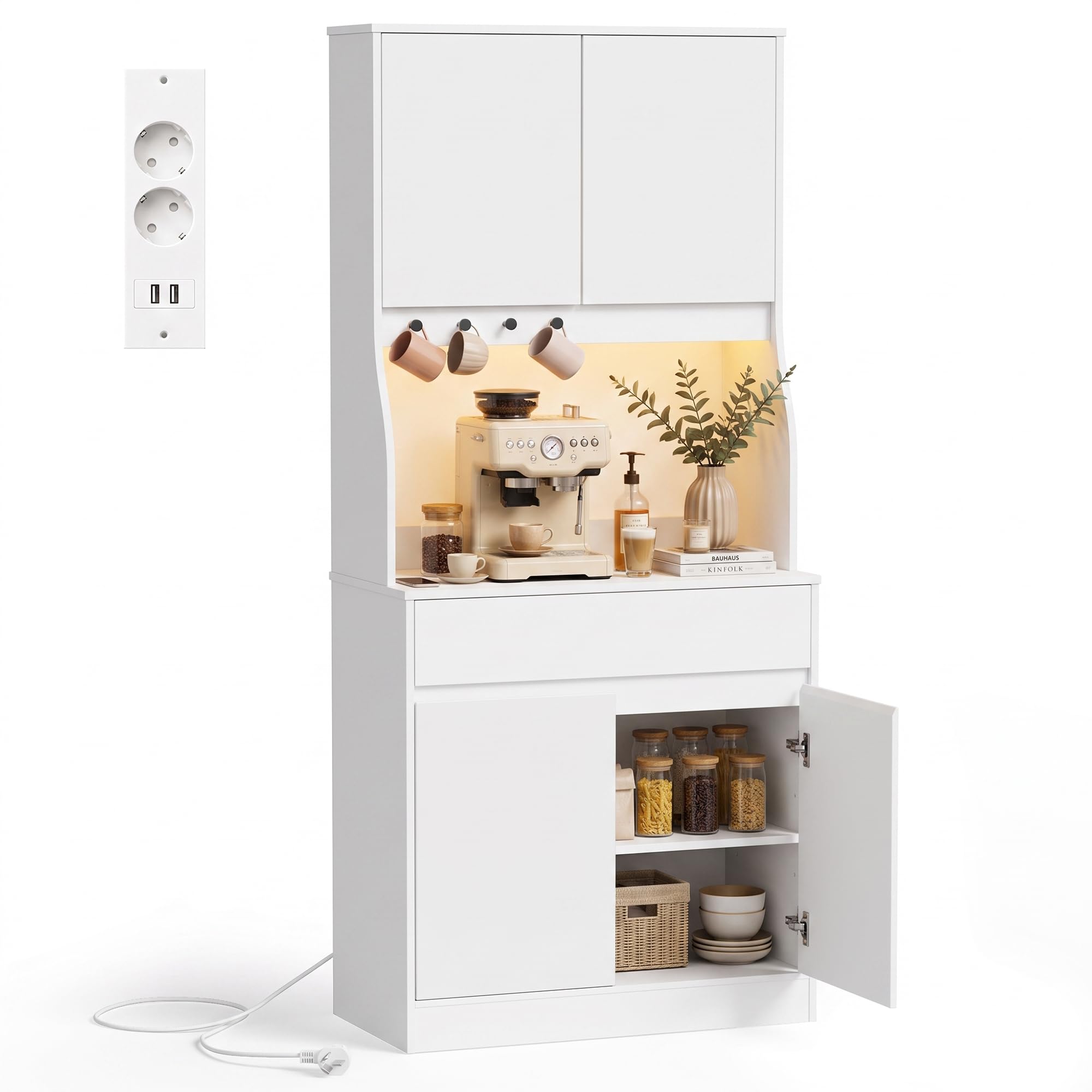 YOUDENOVA Küchenschrank Sideboard mit LED & Steckdose, Weiß | Buffetschrank mit Arbeitsplatte, Schublade, LED, Steckdose und verstellbaren Einlegeböden für vielseitigen Stauraum.