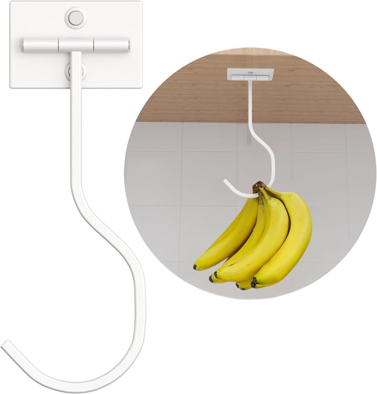 Banana Hook Under Cabinet - Folding Banana Hanger Hook, Self Adhesive Banana Hook, Keep Banana Fresh, Metal Banana Hanger, Banana Holder Under Cabinet (White)