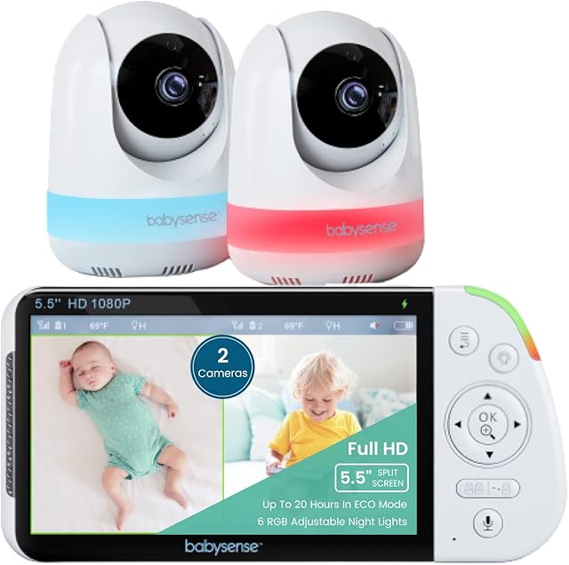 Babysense 5.5 1080p Full HD Split-Screen Baby Monitor, Video Baby Monitor with Camera and Audio, Two PTZ Cameras, RGB Night Light, 1000ft Range, Two-Way Audio, 4X Zoom, 5000mAh Battery