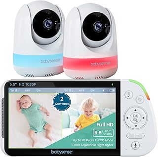 Babysense 5.5” 1080p Full HD Split-Screen Baby Monitor, Video Baby Monitor with Camera and Audio, Two PTZ Cameras, RGB Night Light, 1000ft Range, Two-Way Audio, 4X Zoom, 5000mAh Battery