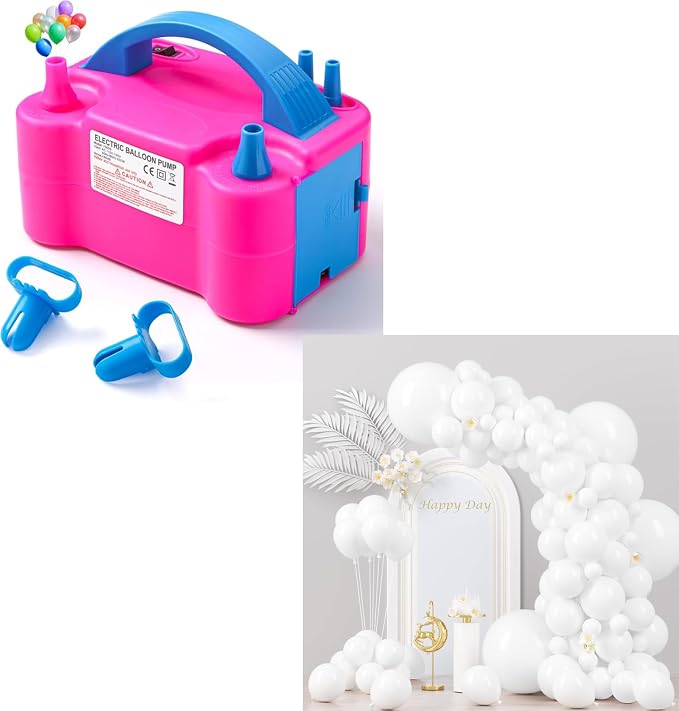 Voircoloria Balloon Pump Electric With 130pcs White Balloons, Portable Automatic Dual Nozzle Inflator 110V 600W With Tying Tools For Birthday Gender Reveal Baby Shower Balloons Party Decorations