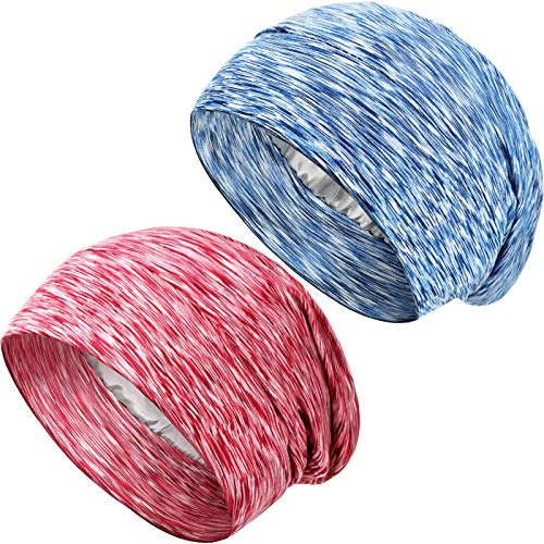2 Pieces Satin Lined Sleep Caps Hair Cover Bonnets Silk Lined Slouchy Beanies Sleeping Caps for Night Sleeping (Royal Blue, Wine Red,25 cm)